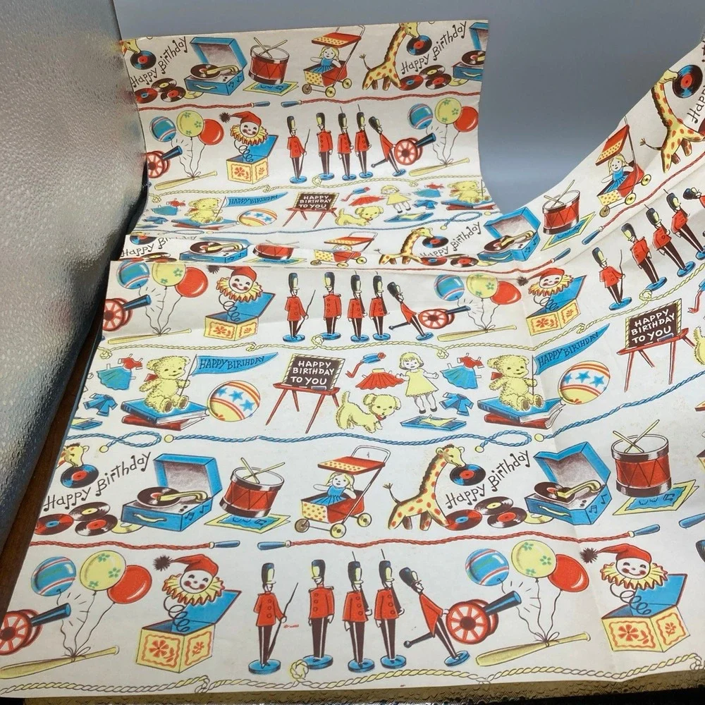 Vintage Child's Birthday Partial Sheet of Paper Gift Wrap Doll Soldier Balloons